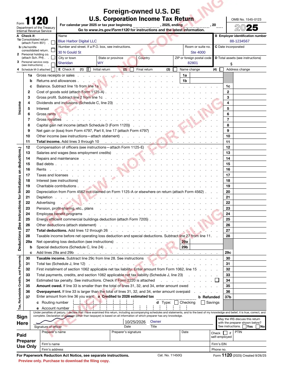 Pro Forma 1120 preview generated by 5472.net, with a preview watermark