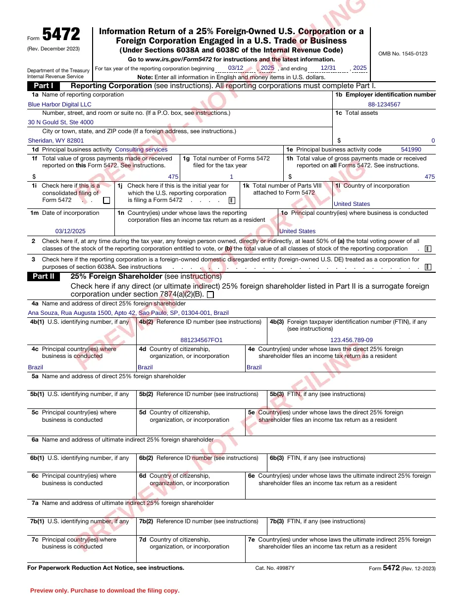 Sample Form 5472 and pro forma Form 1120 prepared by 5472.net, watermarked as a preview